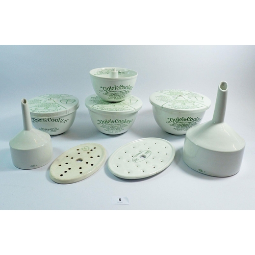 5 - Four Grimwade Quick Cookers, three with lids, two Royal Worcester funnels, Grimwade strainer and a T... 