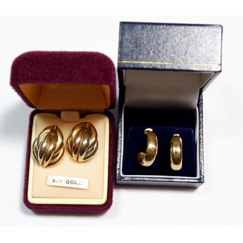 508 - A 9 carat gold pair of hoop earrings and another pair of 9 carat gold earrings, 6.6g