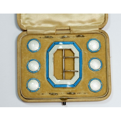 513 - A silver and turquoise enamel button and buckle set, the buckle marked Birmingham 1911, by Levi & Sa... 