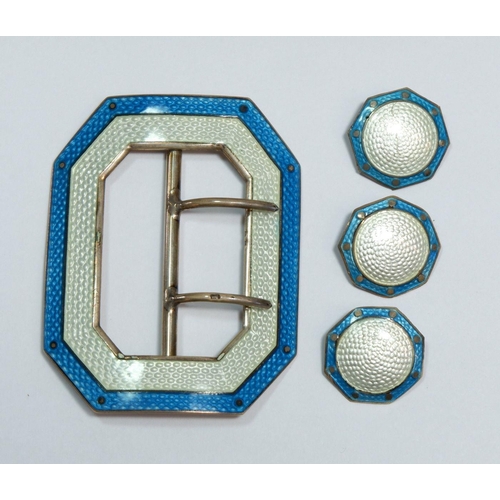 513 - A silver and turquoise enamel button and buckle set, the buckle marked Birmingham 1911, by Levi & Sa... 