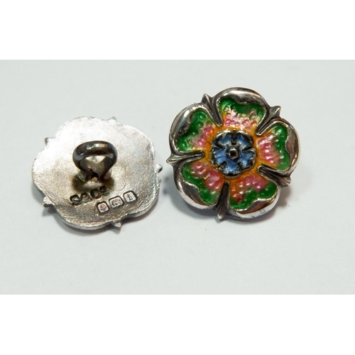 514 - A set of six silver and enamel flower form buttons, cased, Birmingham 1908, by Sydney & Co, 1.3cm di... 