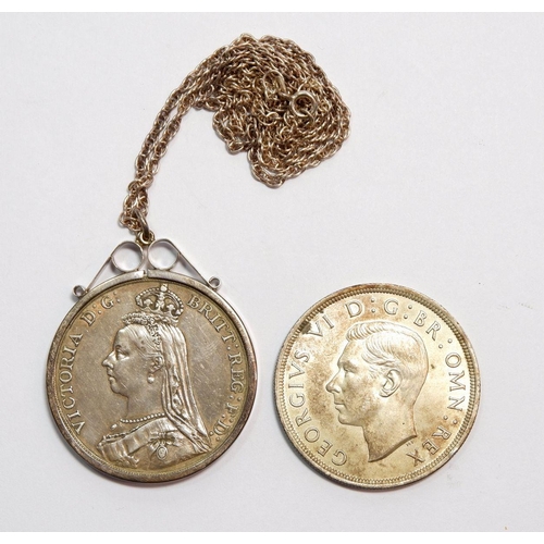 525 - A Victorian silver crown 1890 mounted in silver on silver chain and a George VI 1937 crown