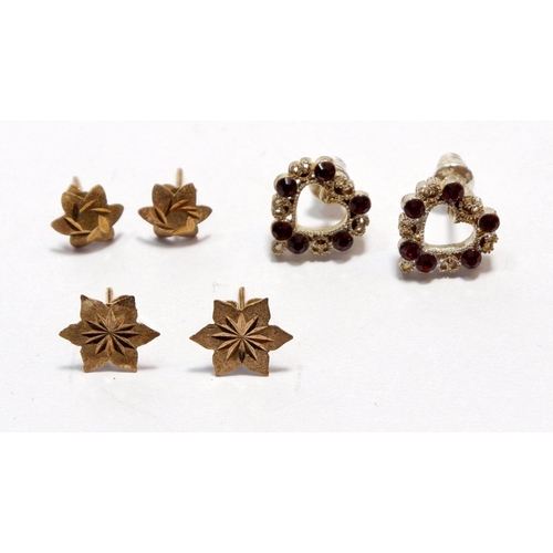 540 - Two pairs of 9 carat gold star form earrings and a pair of silver heart form earrings