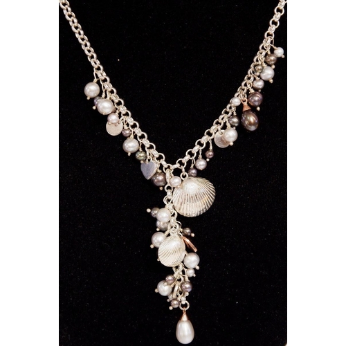 554 - A Clogau silver necklace set pearls and silver shells with detachable drop, 40cm long - boxed