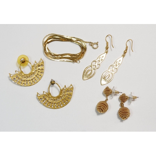 570 - Three pairs of gold plated earrings and a gold plated necklace