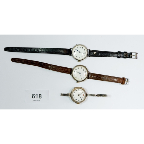 618 - Three silver 1930's wrist watches, one with silver strap