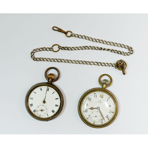 620 - A military Omega WWI pocket watch GSTP, a silver fob chain and a silver pocket watch - a/f