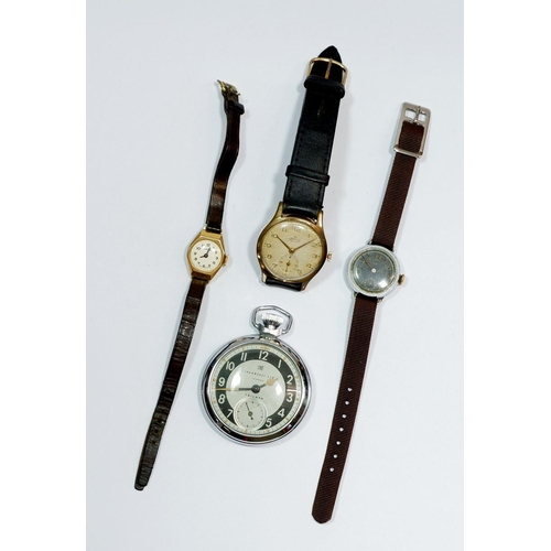 626 - A Smiths Deluxe vintage 15 jewel gentleman's wrist watch, Ingersol pocket watch and two others