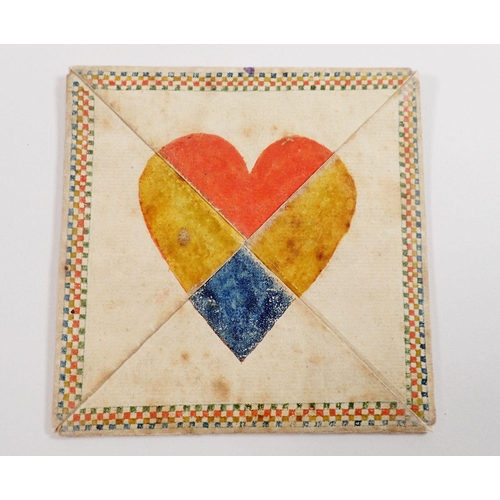 642 - An 18th century 'Puzzle Purse' Valentine painted heart and dated 1794, with letter from Exhibition a... 