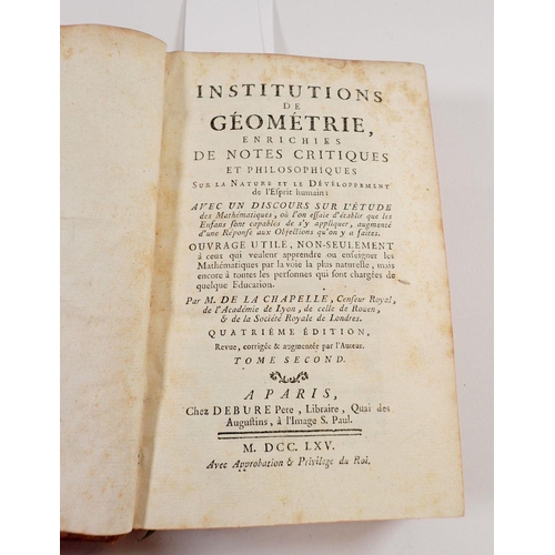 667 - Institutions of Geometry Philosophy by Jean Baptise de la Chapelle 1765, Book 2 containing 21 fold o... 