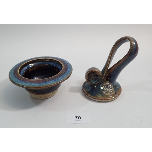 70 - An Irish Colm Pottery dish and cover with loop handle, 15cm tall