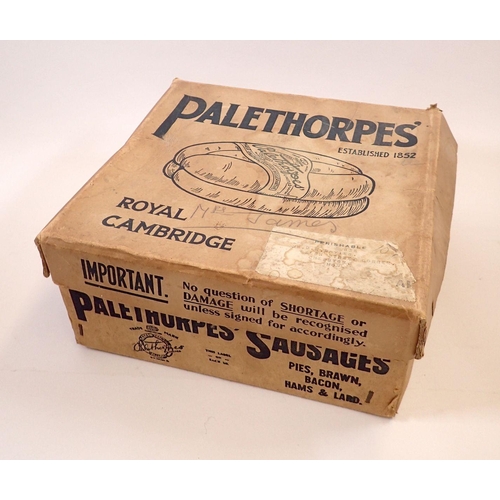 734 - A Palethorpes cardboard sausages shop display box 'Royal Cambridge' with colour illustration to inte... 