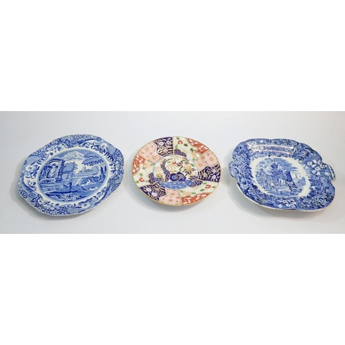 74 - An early 19th century porcelain plate painted in the Imari style, a Wedgwood Ferrara sandwich plate ... 