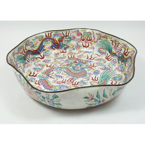 754 - A Chinese Canton enamel lobed bowl decorated dragon to interior and flowers to exterior, 31cm diamet... 