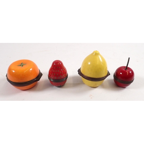 761 - Four fruit form Halcyon Days  enamel bonbonnieres - cherry, strawberry, lemon and orange