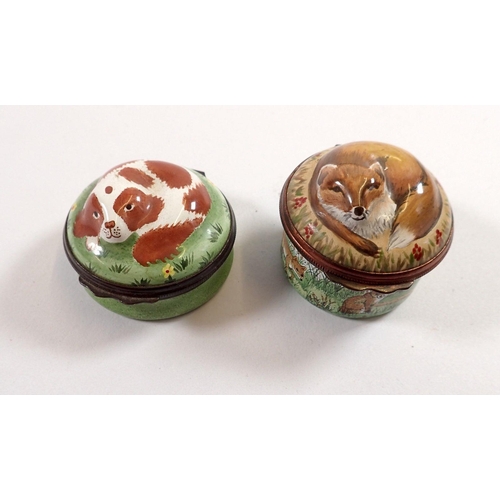 763 - Two animal enamel Halcyon Days bonbonnieres - fox and cubs and Cavalier King Charles Spaniel