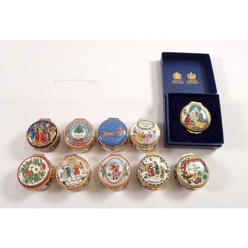 764 - A set of ten Halcyon Days enamel Christmas boxes 1980 to 1989