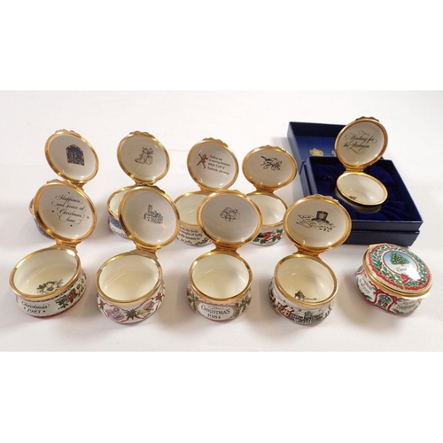 764 - A set of ten Halcyon Days enamel Christmas boxes 1980 to 1989