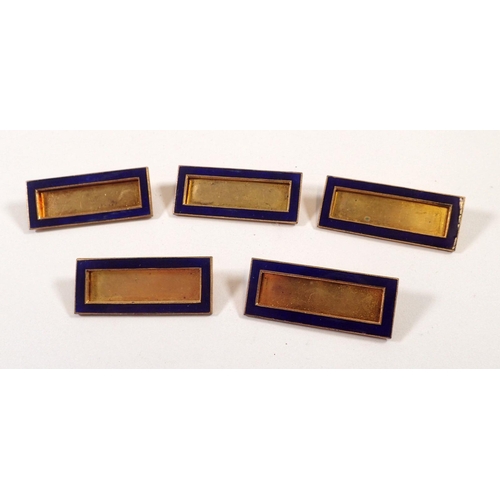 766 - A set of five gilt metal and enamel place name badges, 2.5 x 5.5cm