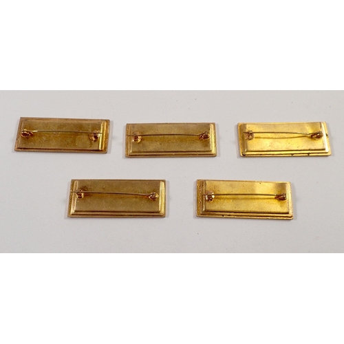 766 - A set of five gilt metal and enamel place name badges, 2.5 x 5.5cm