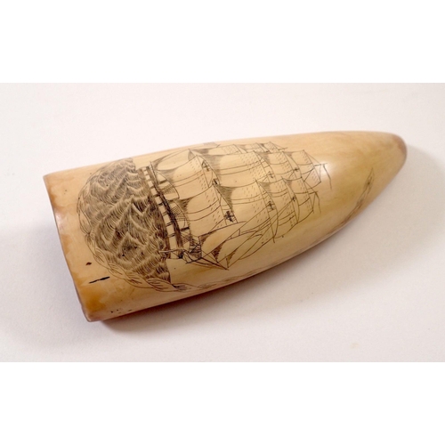 767 - A whales tooth scrimshaw with whale and sailing ship decoration, 14cm