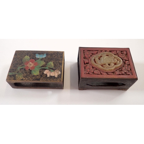 775 - A Chinese red lacquer and jade matchbox cover and a cloisonne enamel matchbox cover