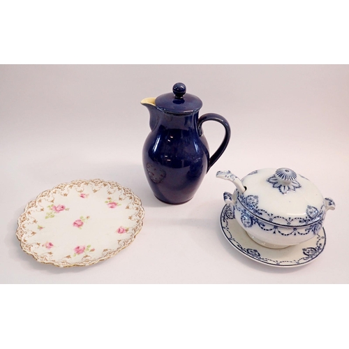 78 - A Denby chocolate pot, a blue and white sauce tureen and a Doulton plate printed roses, 23cm tall