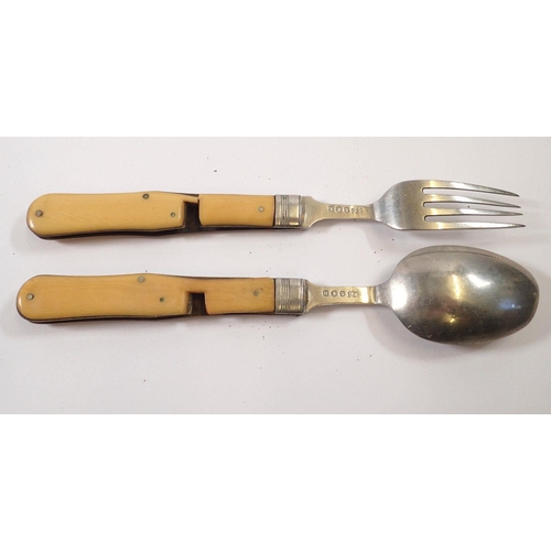 780 - An antique officers silver plated field folding cutlery set comprising of a fork and spoon by Willia... 