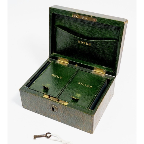 782 - A Victorian leather travelling cash box with compartments for 'Gold, Silver and Notes', 15.5 x 11.5 ... 