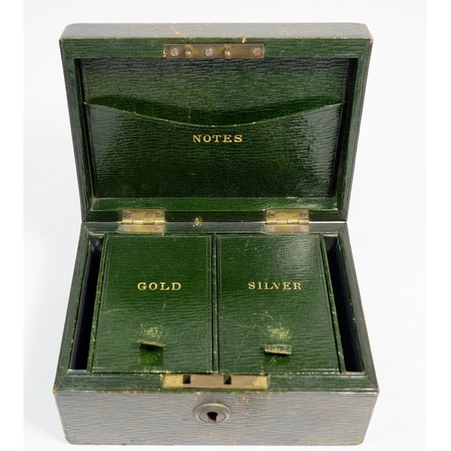 782 - A Victorian leather travelling cash box with compartments for 'Gold, Silver and Notes', 15.5 x 11.5 ... 