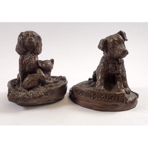 794 - Joel Walker - two bronze finish sculptures of dogs and cat, 11cm tall