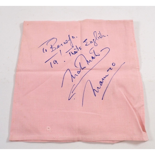 797A - A napkin signed by Matt Munro and given to Berwyn Jones in Australia 1966 Rugby League