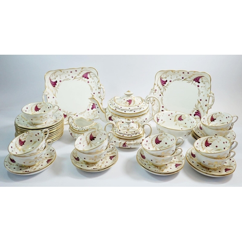 8 - An early 19th century porcelain gilded and purple foliate tea service comprising teapot, milk, sugar... 