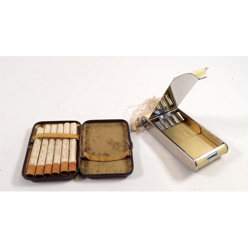 803 - An Art Deco chrome and cream cigarette and vanity compact and a cigarette case decorated rococo scen... 