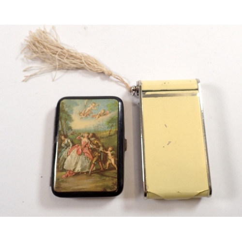 803 - An Art Deco chrome and cream cigarette and vanity compact and a cigarette case decorated rococo scen... 