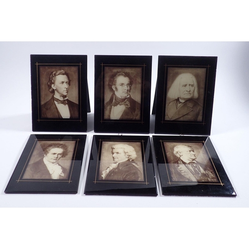 811 - A set of six black and white photographic copies of famous composers including Beethoven, Mozart, Ch... 