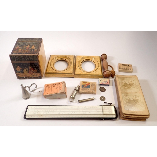 817 - A box of collectables to include a tea caddy, picture frames, vintage ruler etc.