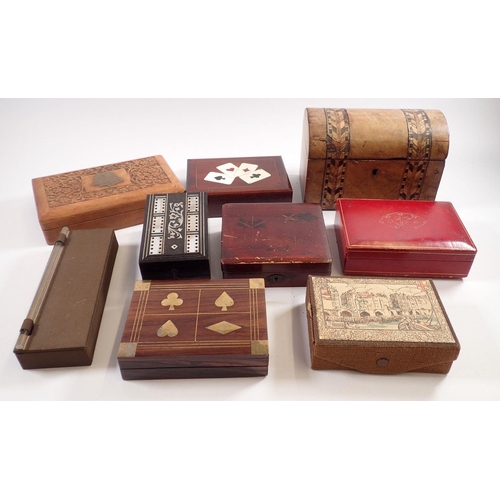 833 - A Victorian dome top tea caddy and a collection of card boxes