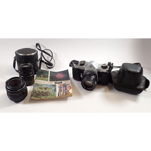 853 - A Pentax Asahi Sportmatic camera plus two lenses:- a Carl Zeiss Jena and Harmony Telephoto