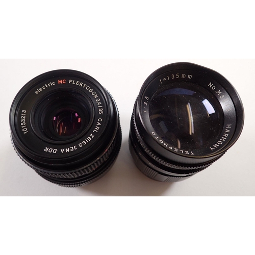 853 - A Pentax Asahi Sportmatic camera plus two lenses:- a Carl Zeiss Jena and Harmony Telephoto