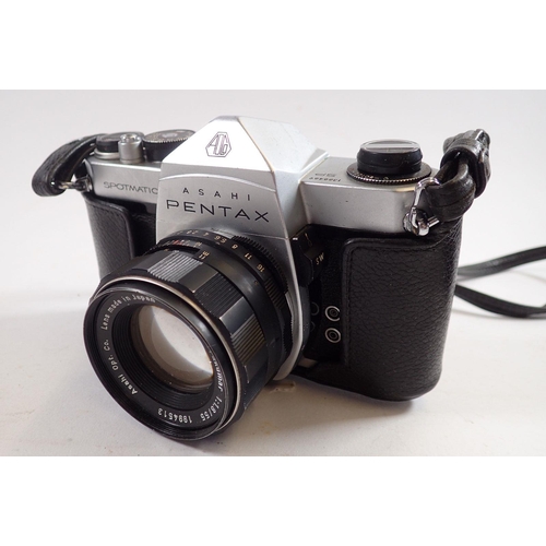 853 - A Pentax Asahi Sportmatic camera plus two lenses:- a Carl Zeiss Jena and Harmony Telephoto