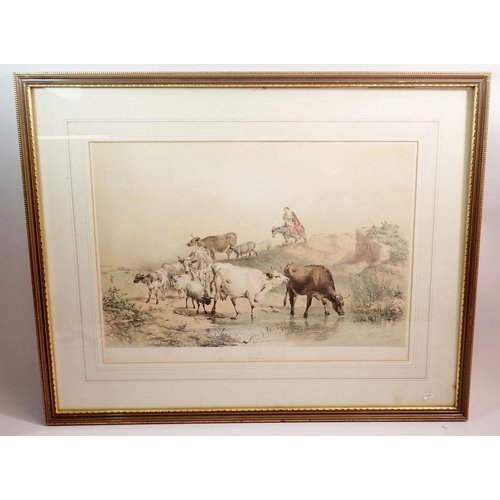 854 - Thomas Sidney Cooper - colour lithograph of animals at a watering hole, 30 x 45cm