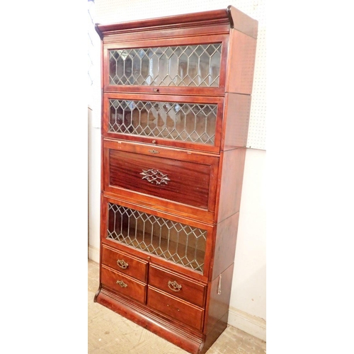 855 - A mahogany Globe Wernicke style bookcase with secretaire, four drawers and lead glazed panels