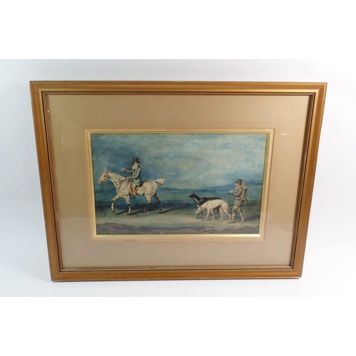 862 - Attributed to H Alken - watercolour of two men hare coursing, signed, 18 x 28cm