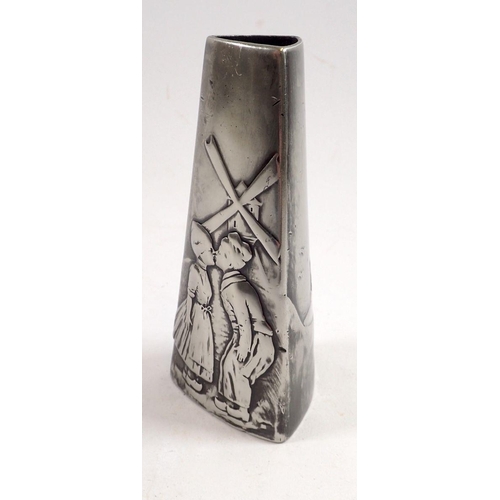 866 - A WMF pewter triangular vase decorated two Dutch children, 12.5cm