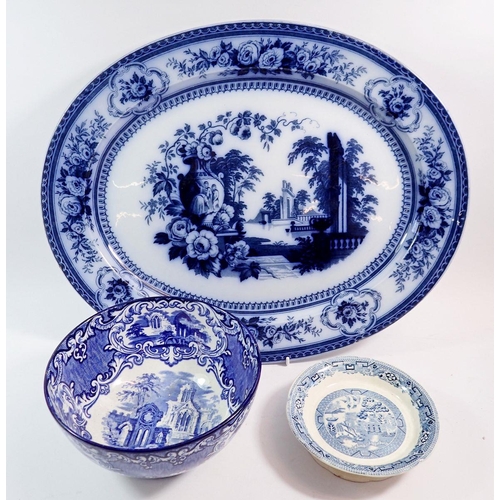 87 - A large Victorian meat plate 'Parma' (chipped) 50cm wide, an Abbey bowl and Willow dish