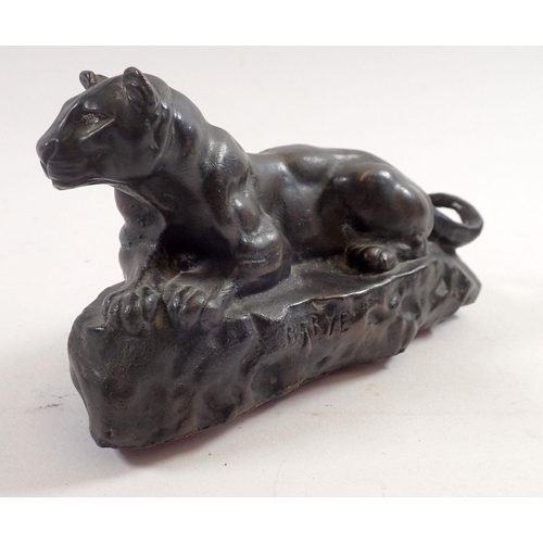 871 - A small bronze of a lioness after Barye, 18cm long