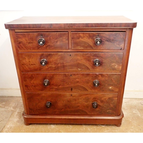 872 - A Victorian mahogany chest of two short and three long drawers with mother of pearl inlay to handles... 