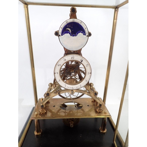 874 - An eight day skeleton clock with fusee movement and enamelled dials, including moonphase dial, signe... 