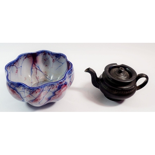 88 - A Wardle blue and red jardiniere, 18cm across and a black Basalt teapot, a/f